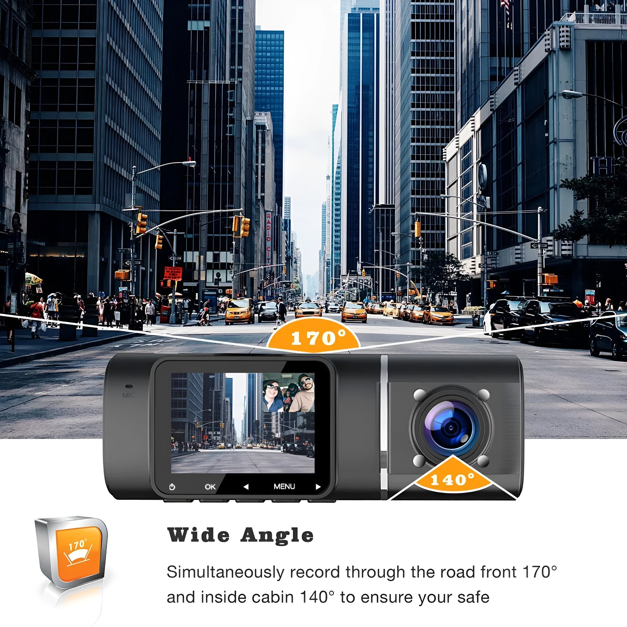 Standard black dual-channel dashboard camera with a 1.5-inch screen, shown with car charger and mounting stand.