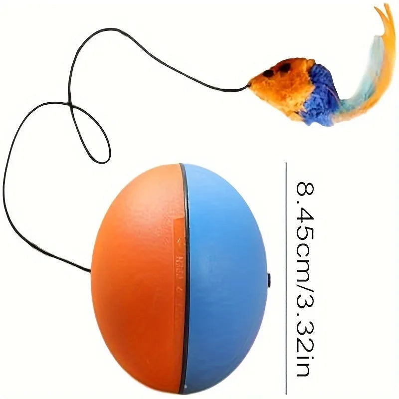 Blue and orange interactive plush mouse cat toy shown with a ball shape, measuring 8.5 cm.