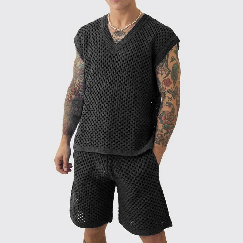 Men's blue cotton v-neck vest and matching shorts summer sports set