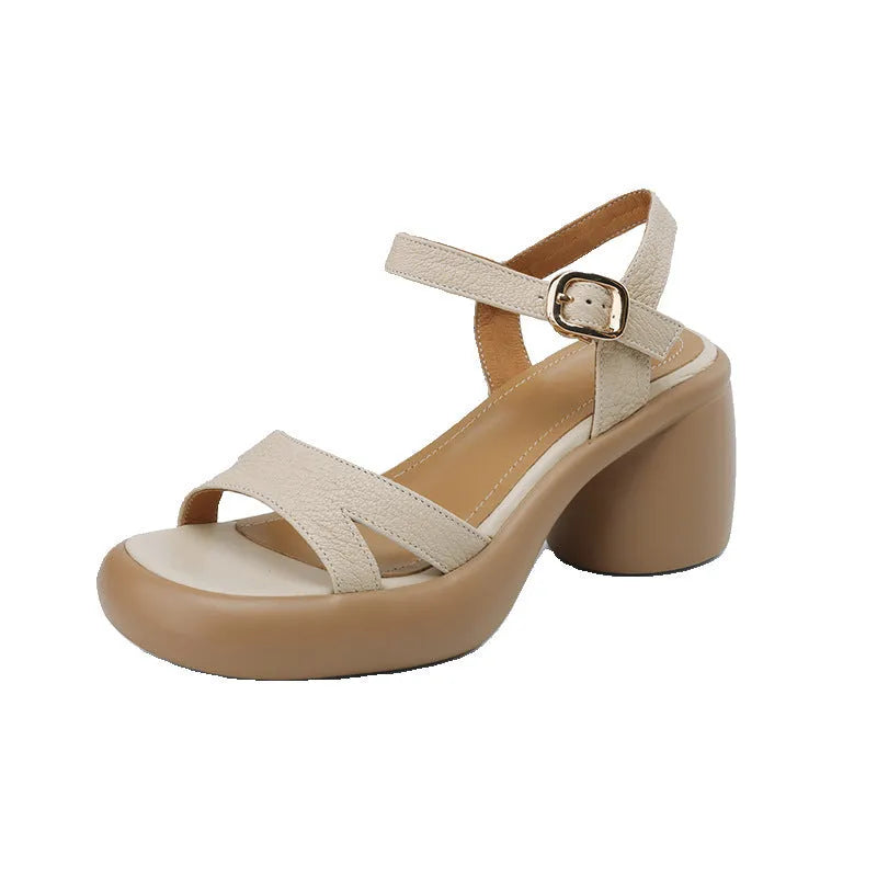 Women's open toe platform sandals in microfiber and rubber, round toe design