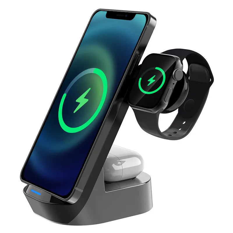 Black grey foldable 3-in-1 wireless charging stand for phone, watch, and earbuds.