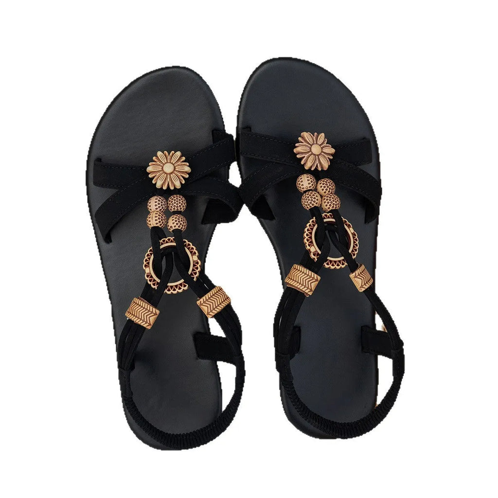 Black ethnic style women's flat sandals with beaded weave open toe and rhinestone decoration