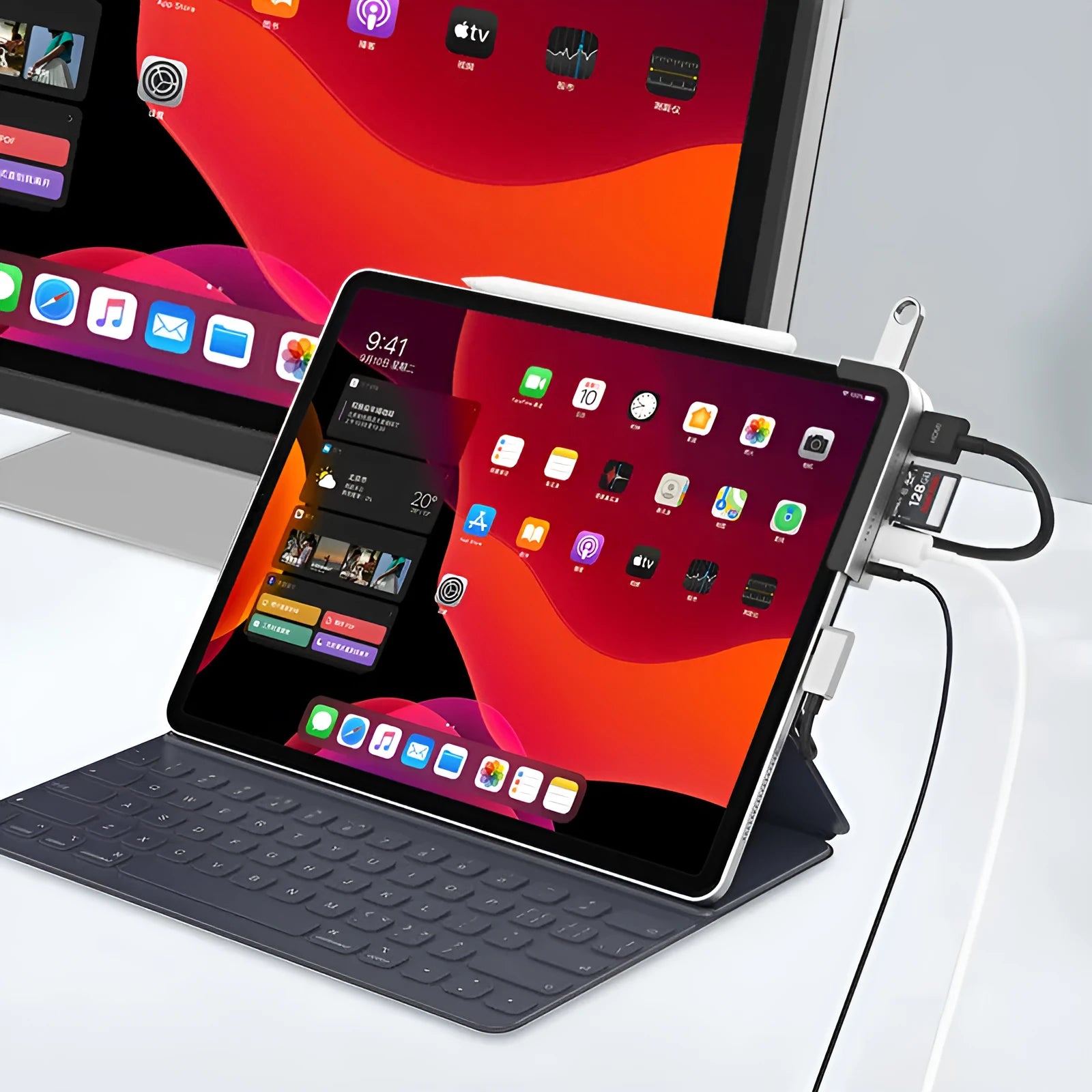 Silver aluminium grey 6-in-1 USB-C docking station for iPad Pro with HDMI and USB ports.