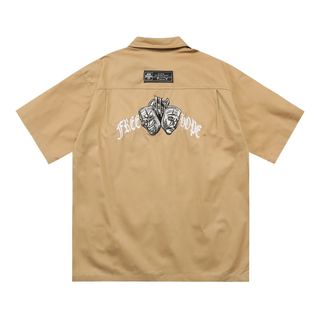 Men's black cotton blend shirt with embroidery, loose fit with half sleeves