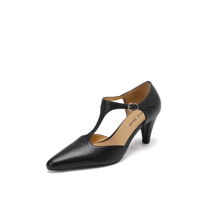 Brown women's retro T-strap closed toe sandals with a chunky high heel on a white background.