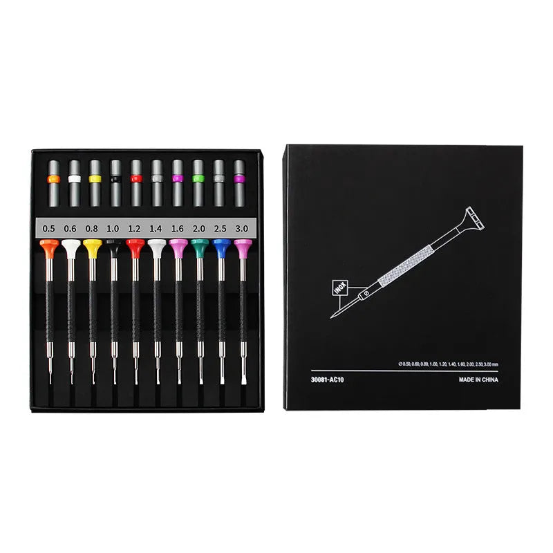 Boxed set of 10 manual screwdrivers and 20 spare bits for watch and glasses repair.