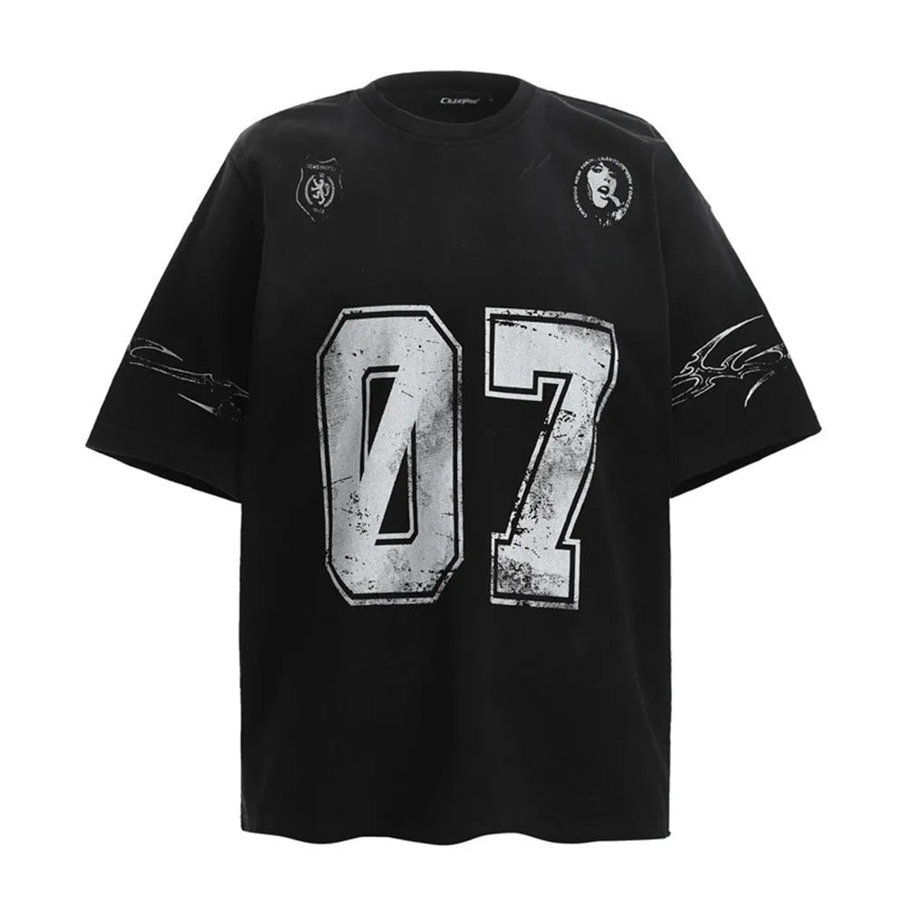 Men's black and white printed short-sleeved cotton t-shirt showing front design