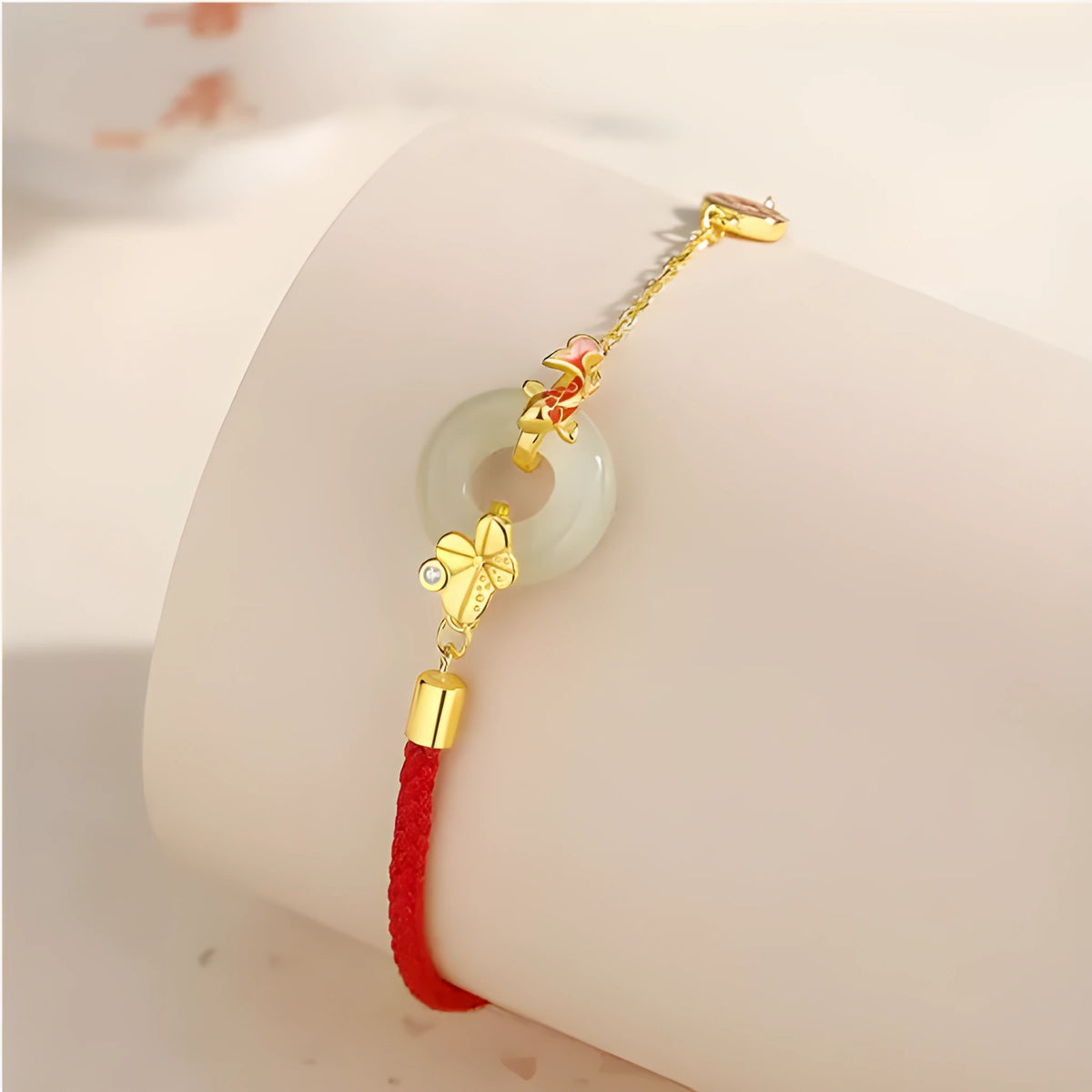 Koi Peace Buckle Hetian Jade Red Rope Bracelet with gold clasp on 925 silver
