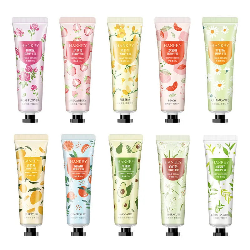 30g tube of fruit-infused hand cream for dry skin, available in Avocado, Rose, and Green Tea Seed variants.