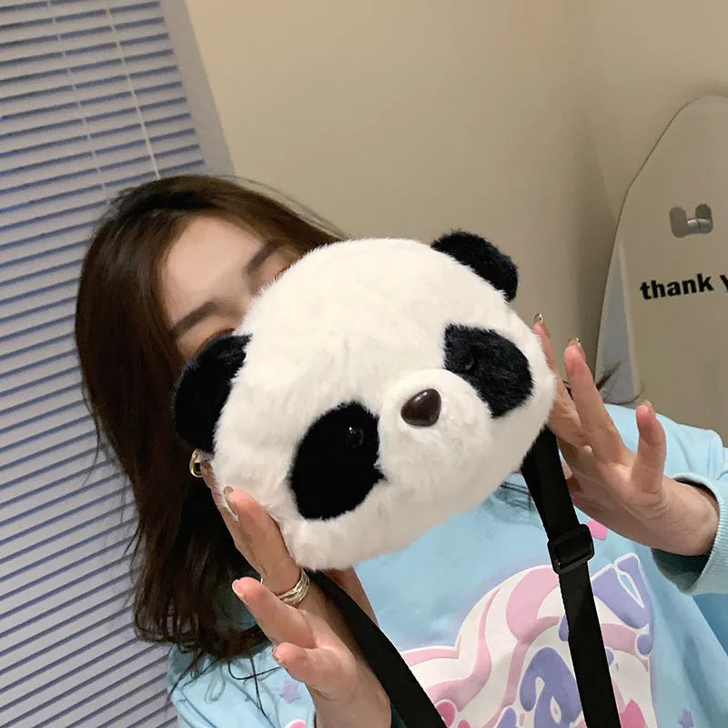 Plush panda head cylindrical crossbody shoulder bag with polyester lining