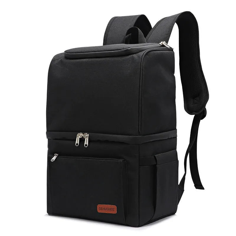 Blue insulated waterproof picnic backpack with 22L capacity and ice pack compartments