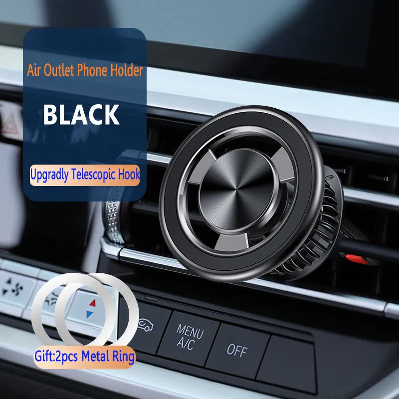 Silver and black magnetic car air vent phone holder with snap-on clip