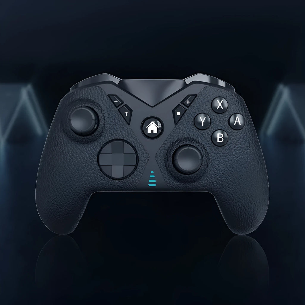 Black wireless Nintendo Switch controller with leather pattern texture on ABS plastic body