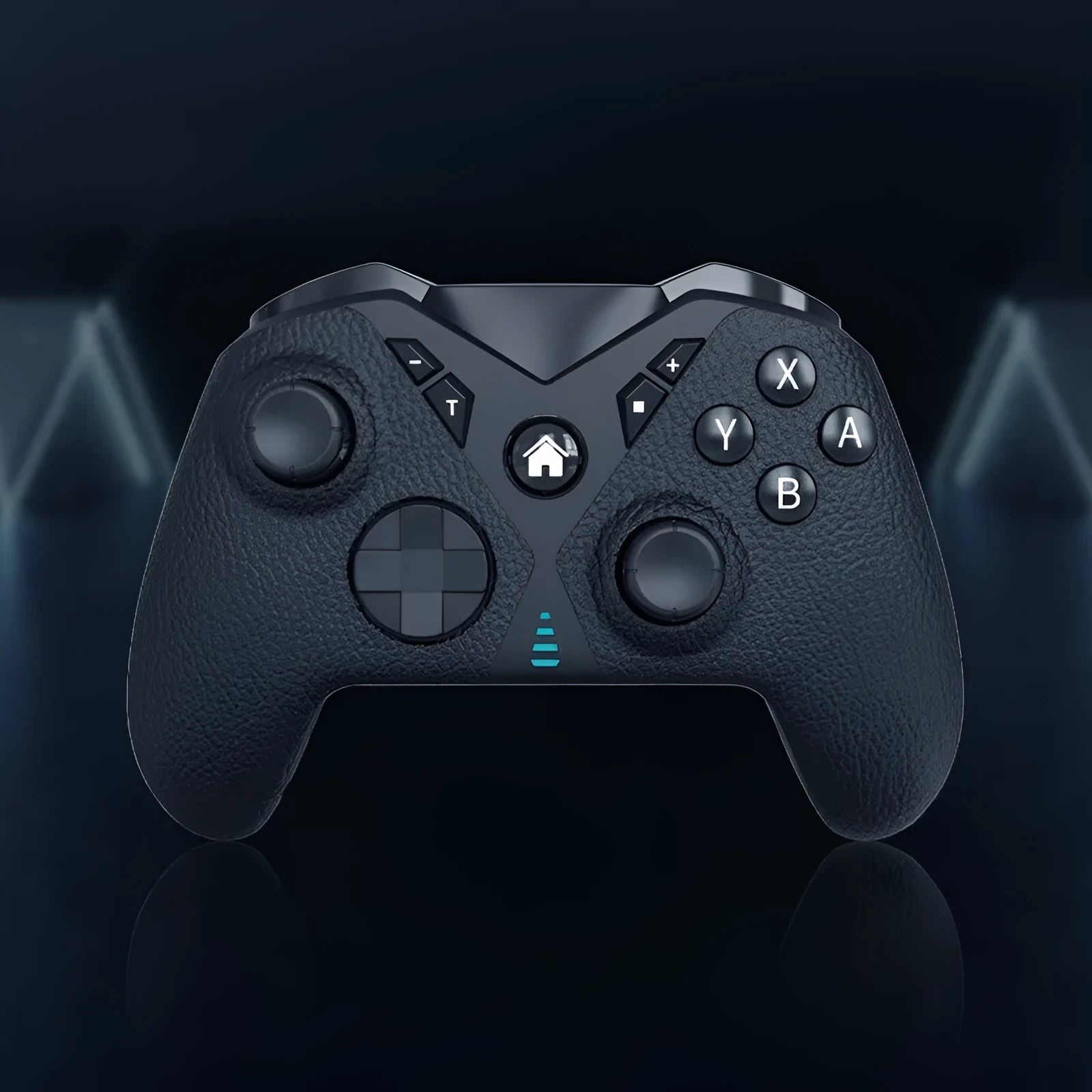 Black wireless Nintendo Switch controller with leather pattern texture on ABS plastic body