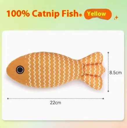 Red, yellow, and blue catnip-filled fish toys in large and medium sizes on a white background.
