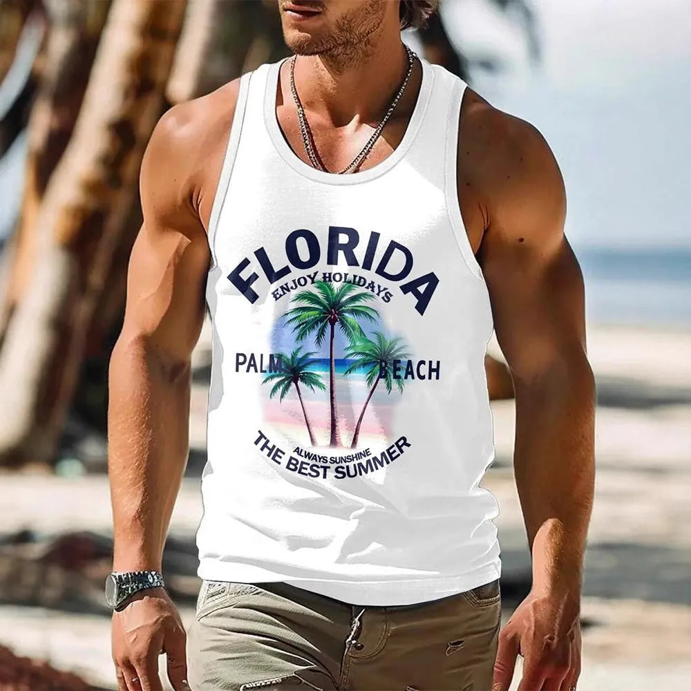 Men's 3D printed sleeveless vest T-shirt in Hawaiian style solid colour design