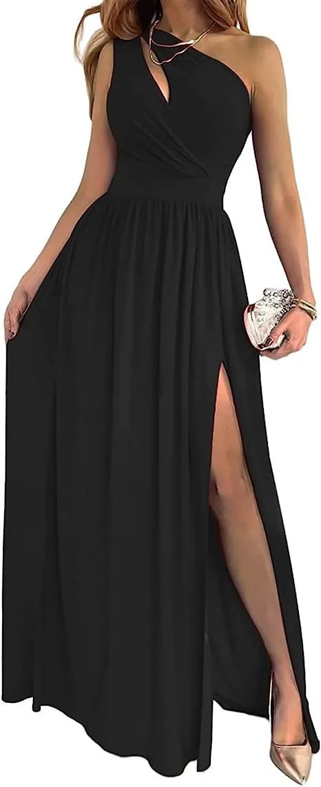 Apricot one-shoulder sleeveless maxi dress with a high split, shown on a model.