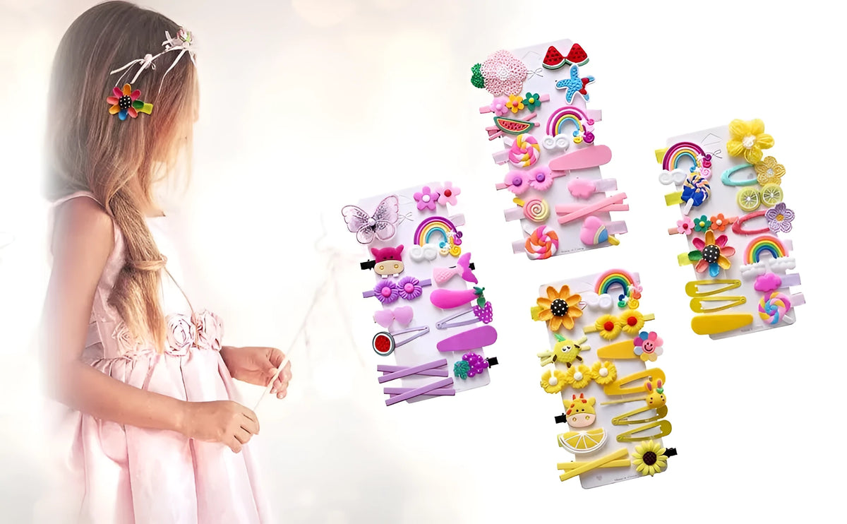 14 piece toddler hair accessories set with rainbow, candy fruit, and butterfly designs in bright colours