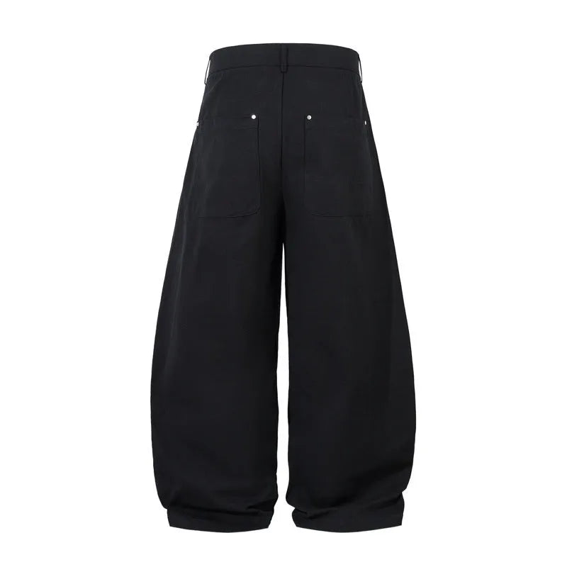 Men's black wide-leg cotton trousers with pleated front and loose-fit design