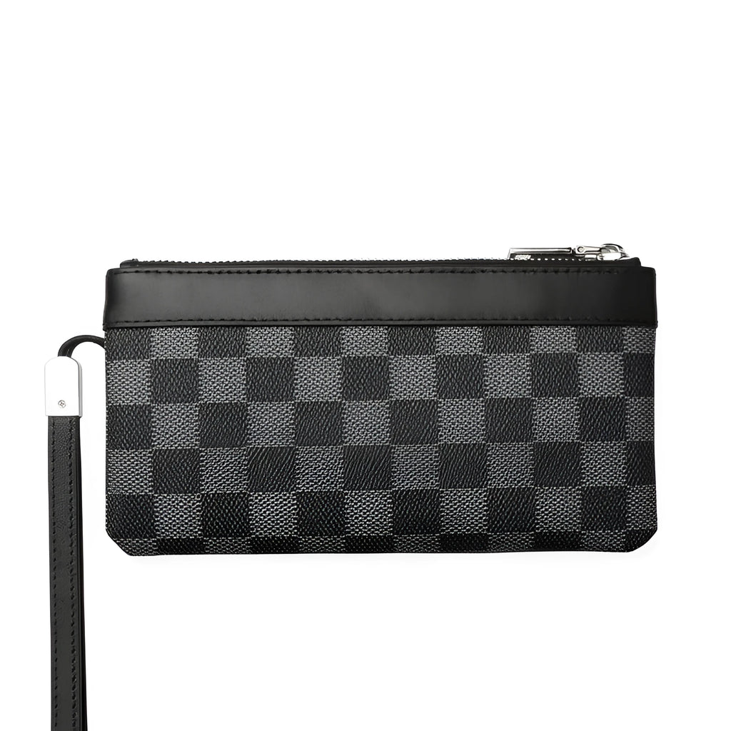 Black leather plaid men's clutch wallet showing first layer cowhide material and 20cm x 10cm dimensions