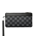 Black leather plaid men's clutch wallet showing first layer cowhide material and 20cm x 10cm dimensions