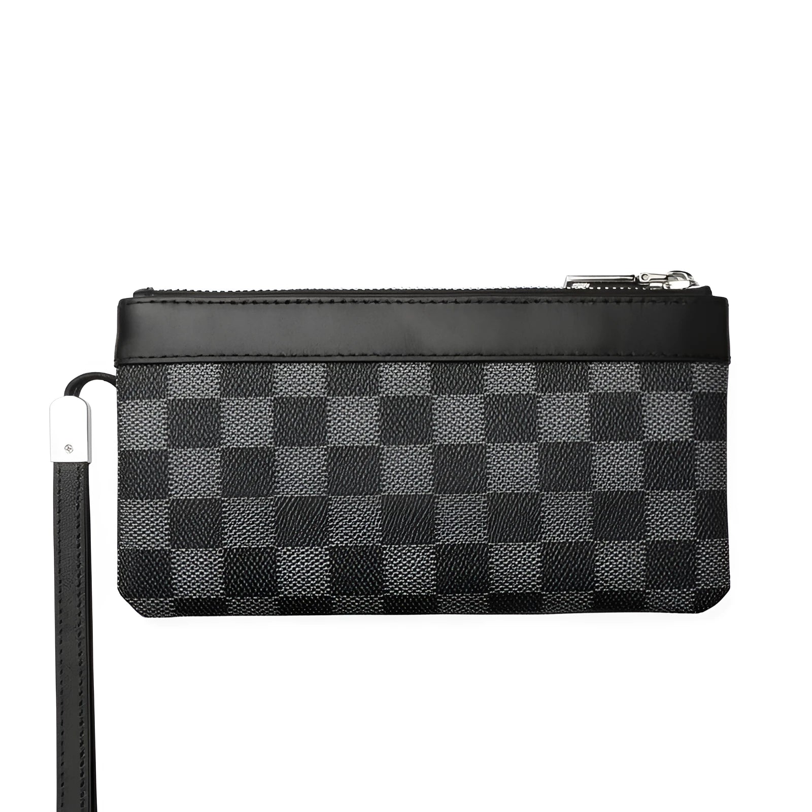 Black leather plaid men's clutch wallet showing first layer cowhide material and 20cm x 10cm dimensions