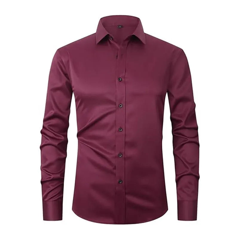 Men's stretch long sleeve polyester work shirt on a hanger, showing button front and long sleeves.