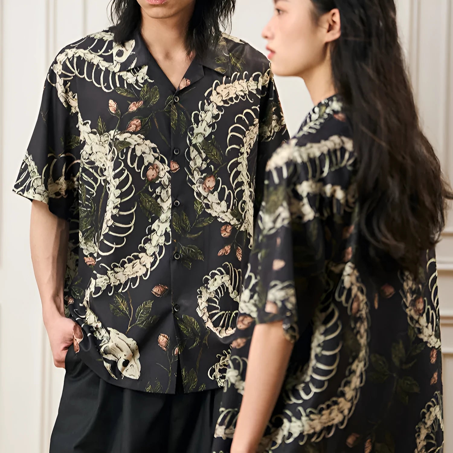 Short sleeve Cuban collar shirt with snake bone and floral pattern print in a loose fit.