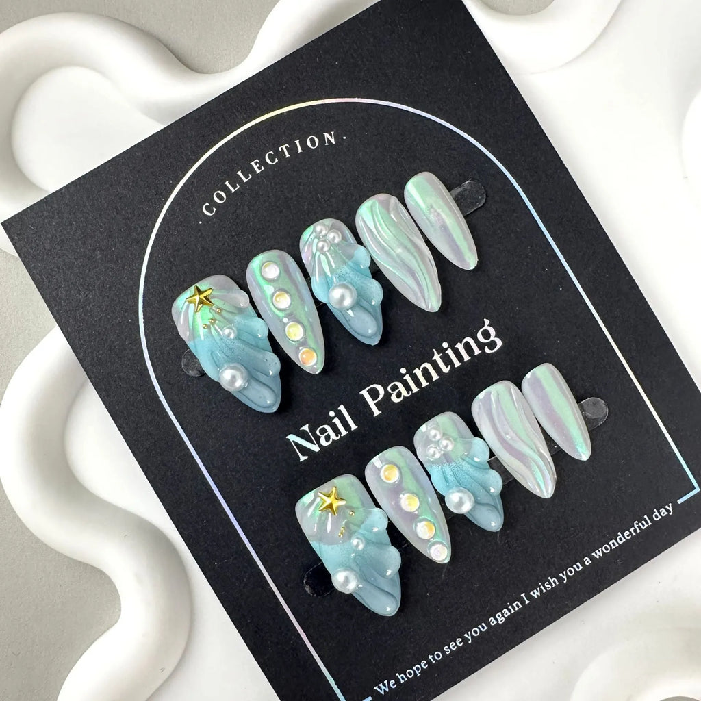 HAILANG blue plastic nail sticker set showing wearable artificial nails in four sizes