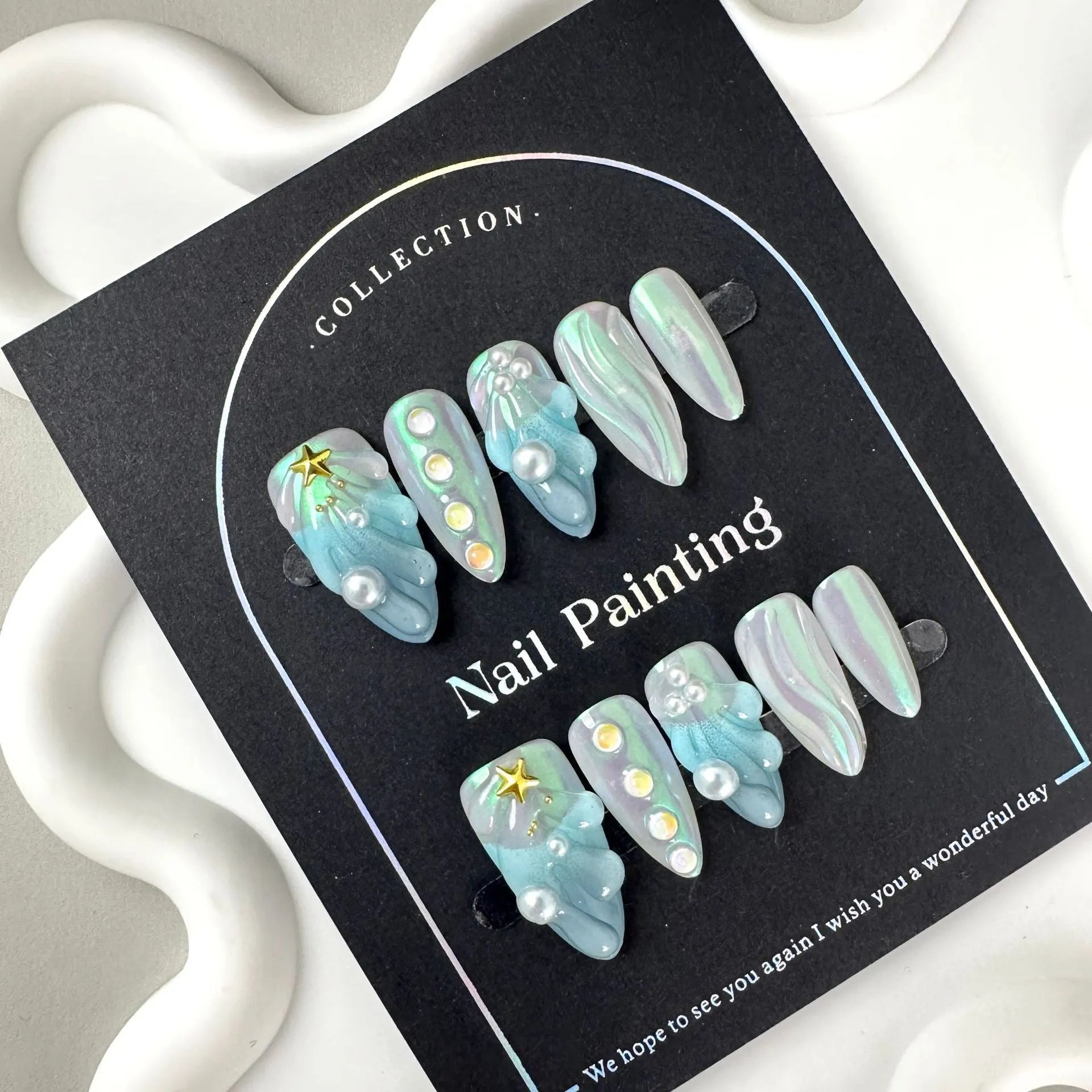 HAILANG blue plastic nail sticker set showing wearable artificial nails in four sizes