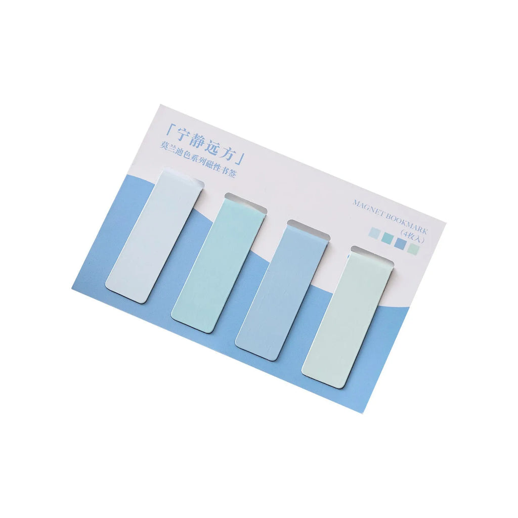 Set of four miniature magnetic bookmarks in Morandi colour block designs: soft blue, grey-green, dusty pink, and mauve.