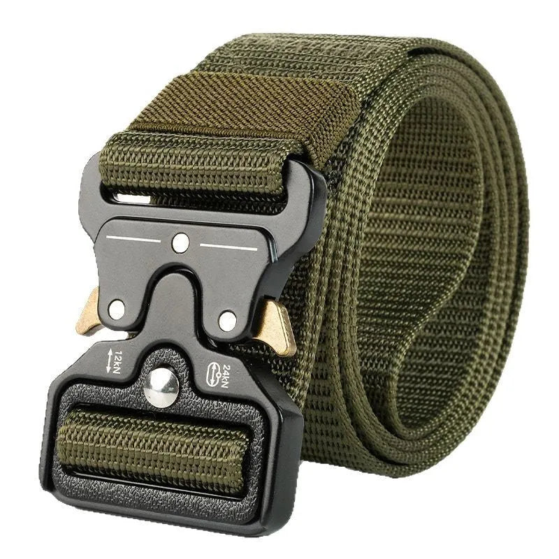 Men's thick woven canvas tactical belt with an alloy release buckle, shown in one of five colour options