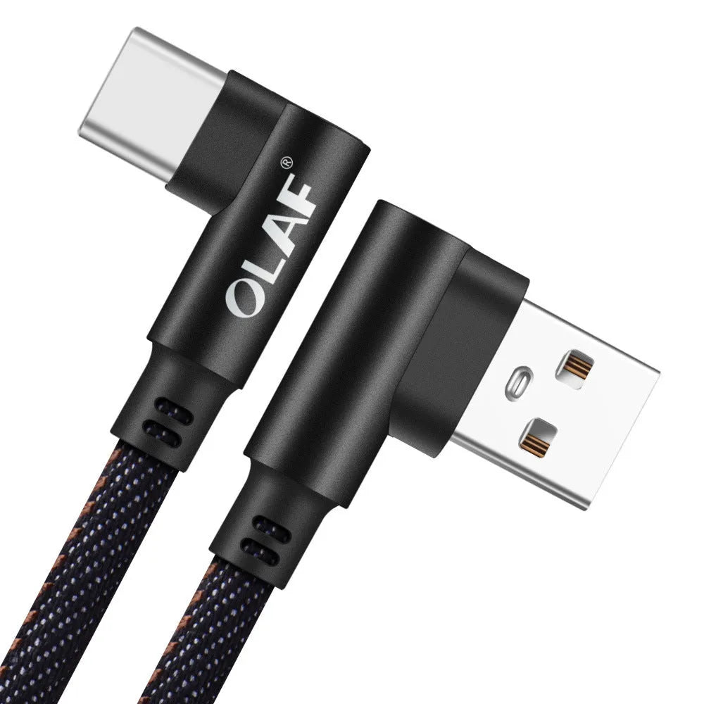 Denim-braided fast charging USB cable with aluminium connectors for Android or Type C devices.