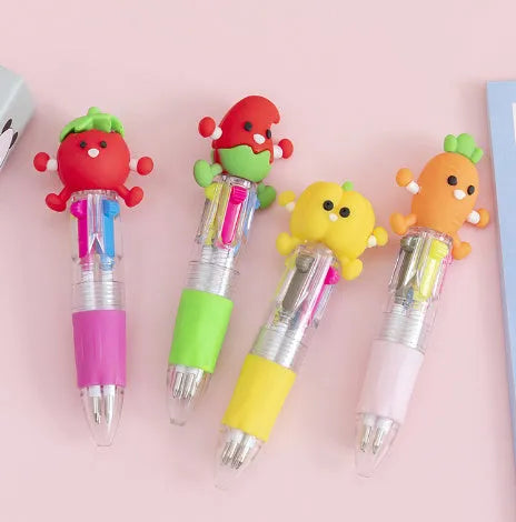 Four-colour press-action ballpoint pen with cartoon designs and 0.7mm bullet tip