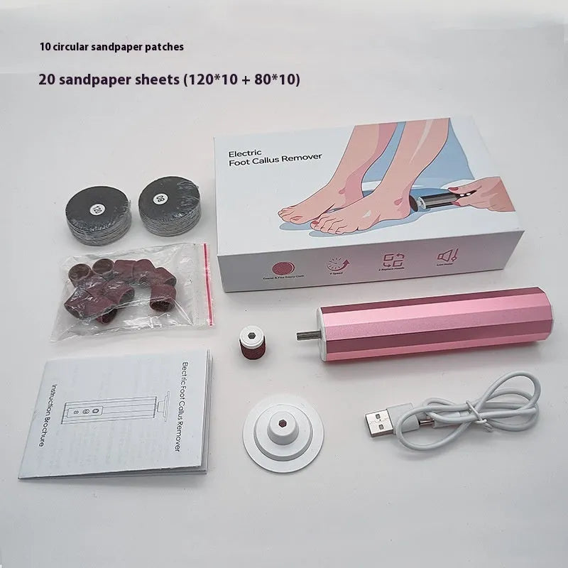 Electric foot callus remover device with USB cable and sandpaper grinding wheels for pedicure care
