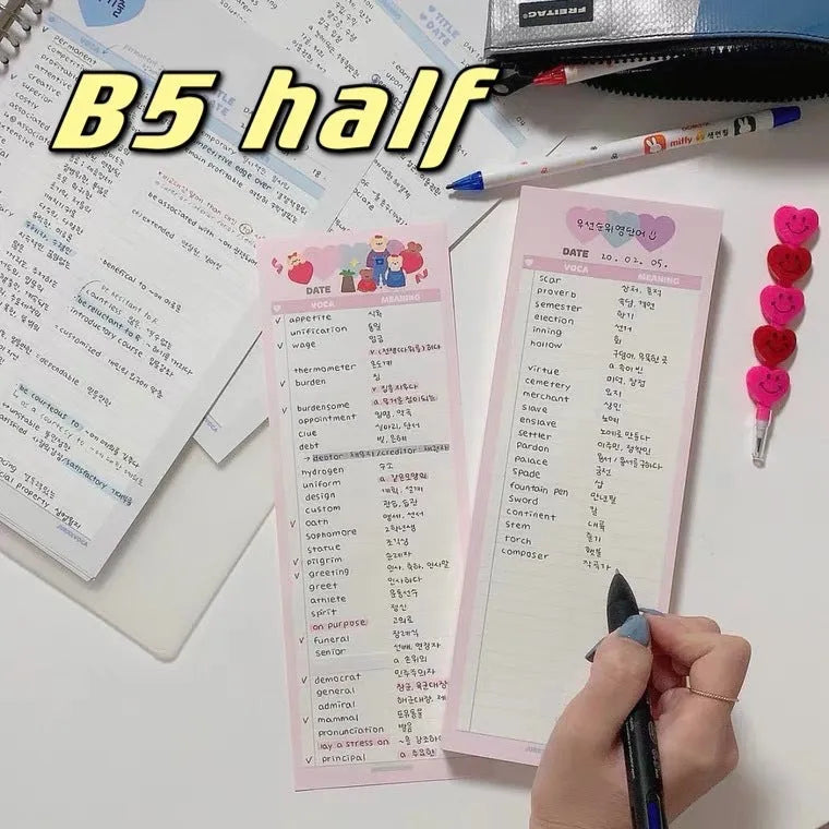English words notepad with double-sided printing, half B5 size 9.1x25.7cm with pink cover