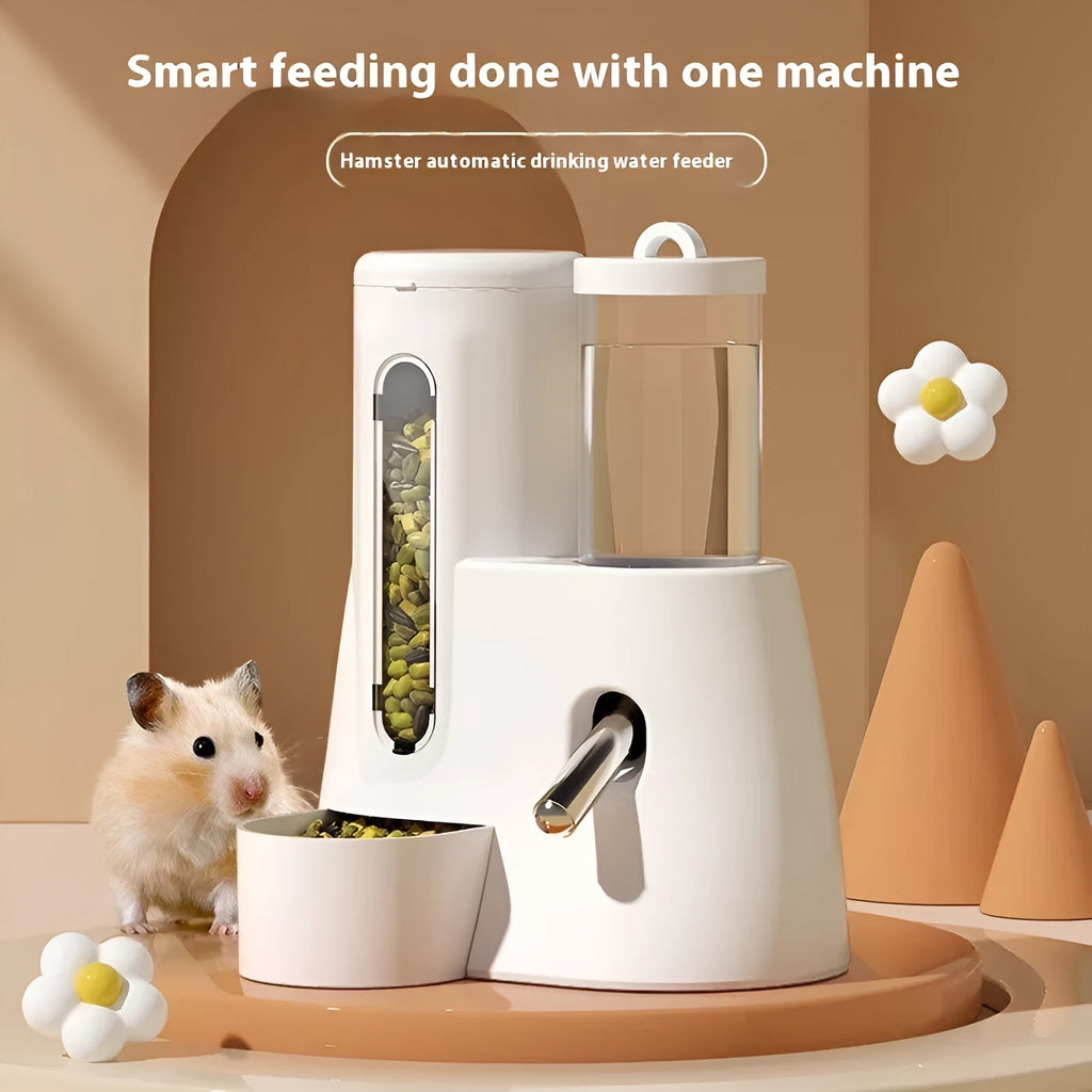 Hamster automatic drinking water feeder with food basin in white, blue or pink colour options