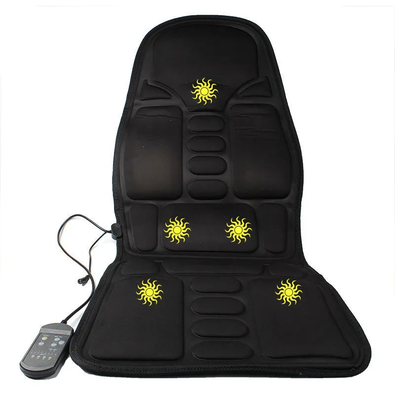 Black heating massage mat with infrared physiotherapy function and a connected seat cushion.