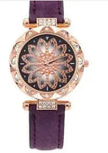 Round 32mm women's diamond watch with a PU case on a wrist, showing colour options like red, purple, and black.