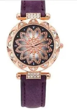 Round 32mm women's diamond watch with a PU case on a wrist, showing colour options like red, purple, and black.