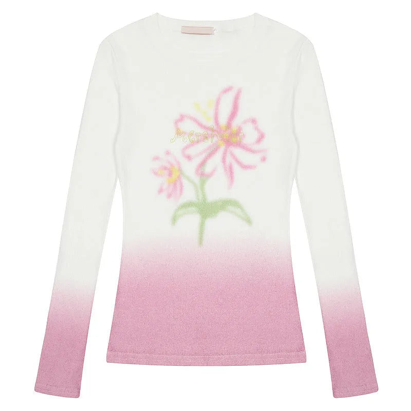 Women's gradient flower print long-sleeved t-shirt in light pink colour, thin polyester fabric