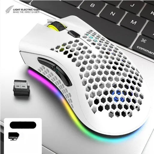 Hollow out patterned wireless gaming mouse with illumination, shown in cyan colour