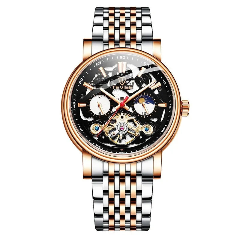 Men's black tourbillon mechanical watch with luminous hands on a leather strap, showing 16.5mm thickness.