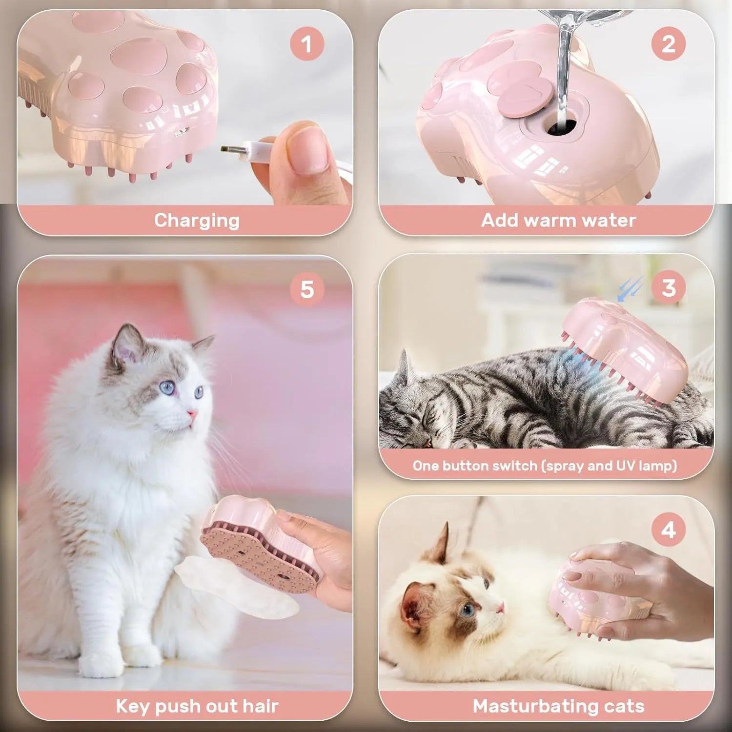 Blue self-cleaning cat steam brush with silicone bristles and a water spray function.