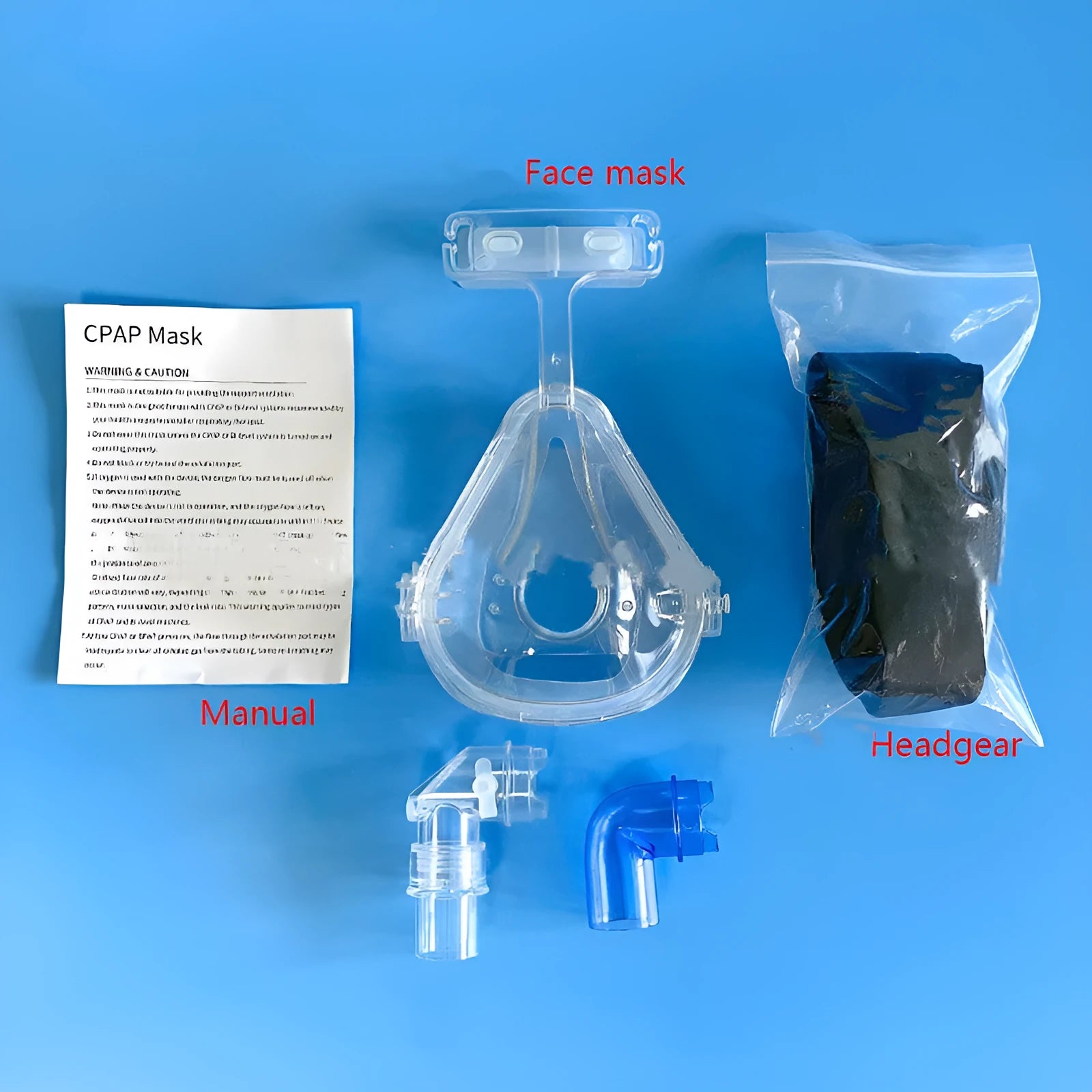 CPAP breathing mask ventilator accessories kit with transparent silicone mask and adapter elbows