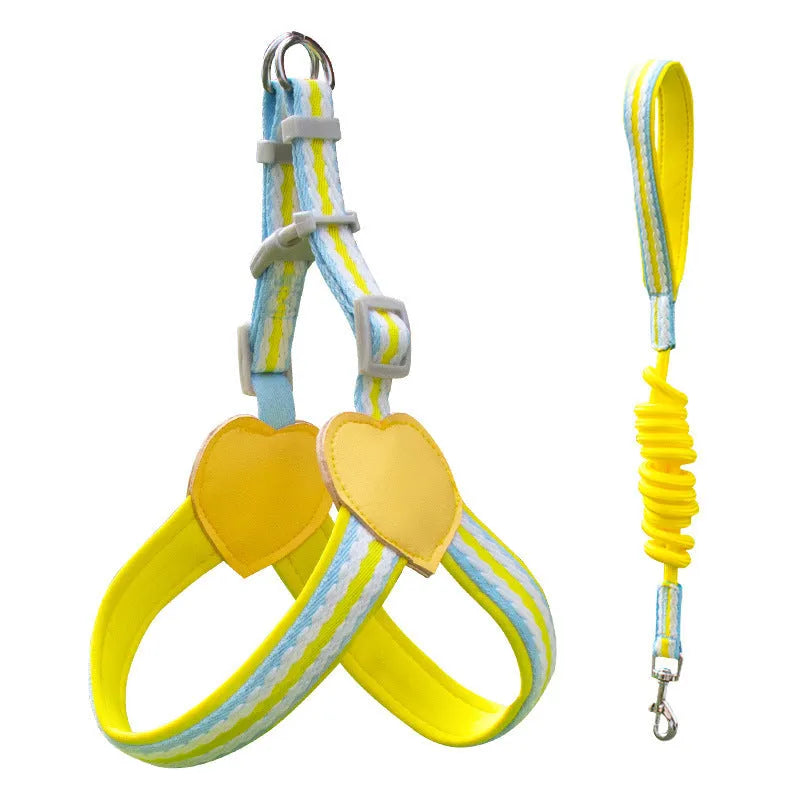 Nylon dog walking chest strap vest with integrated hand-holding rope in emerald green, shown on a medium-sized dog.
