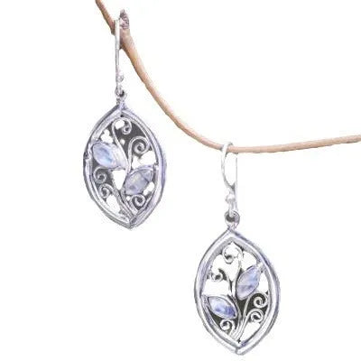 Silver colour leaves embedded colourful moonstone earrings for women with alloy construction