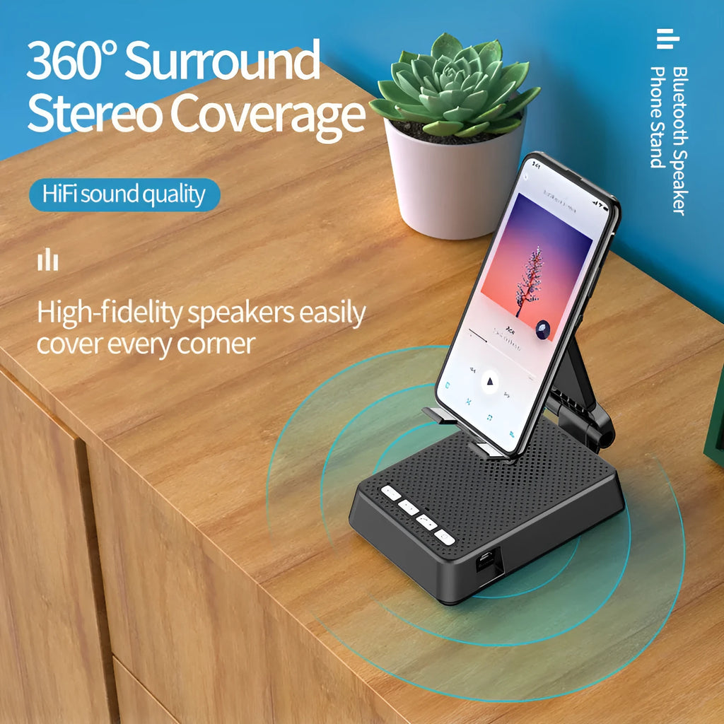 Black mobile phone broadcaster stand with Bluetooth speaker and HD microphone for live streaming desk use