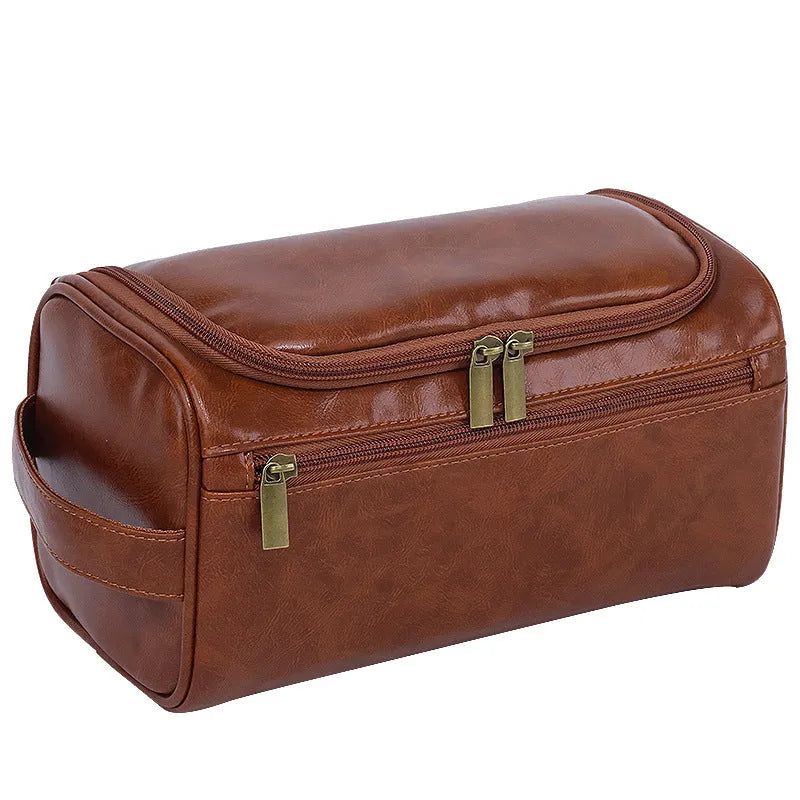 Waterproof PU leather cosmetic bag in retro style with large capacity for skincare and makeup storage