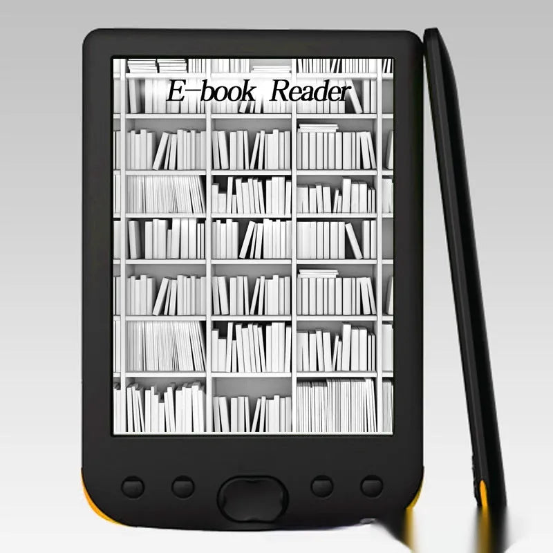 Black 6-inch E-ink touchscreen e-book reader showing a book page on its display.